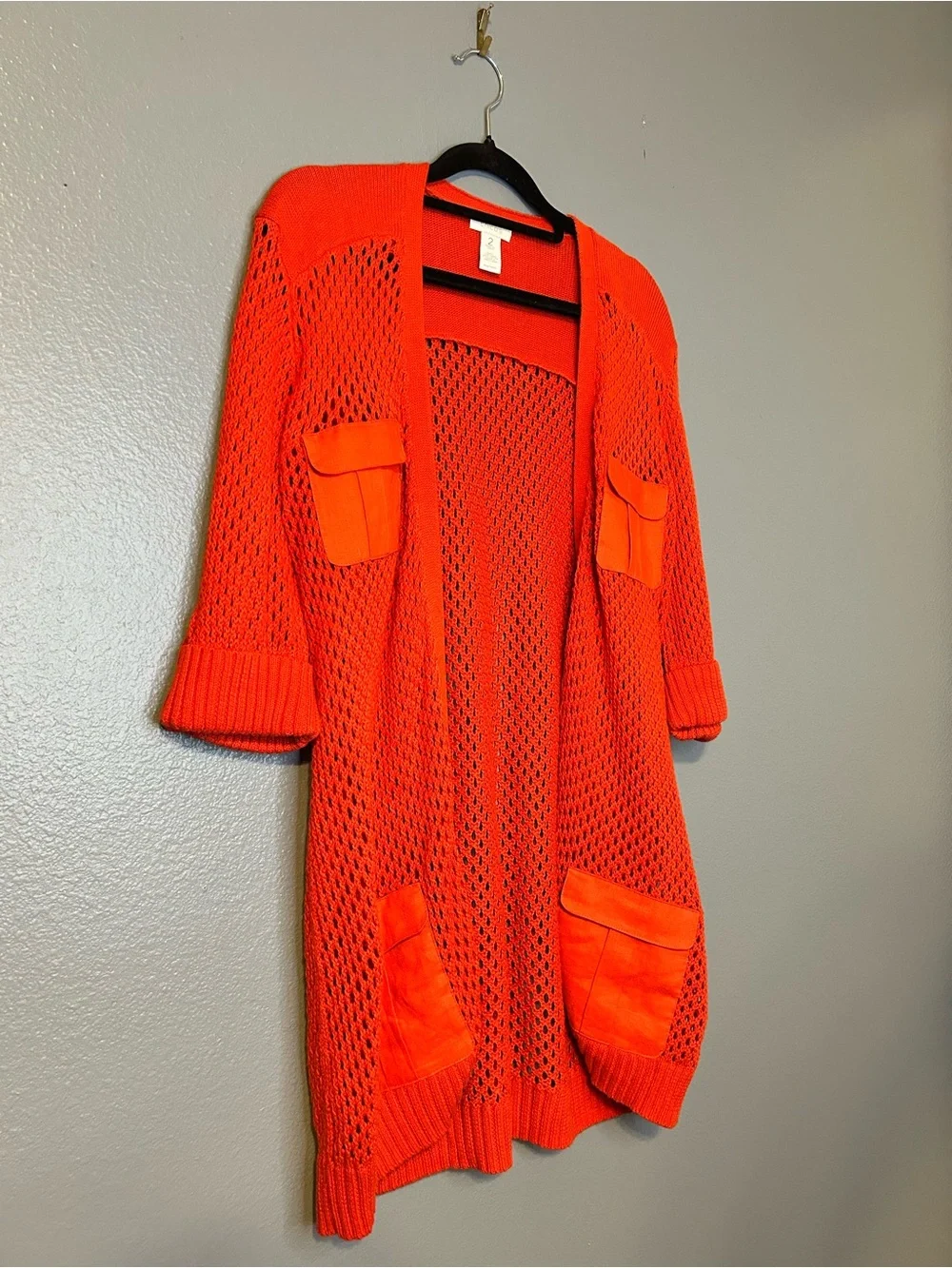 Chico's Open-Knit Bright Orange Pocket Cardigan Large